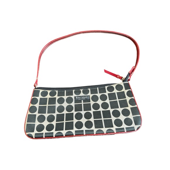 Handbags - Y2K Baguette Shoulder Bag Black White Geometric Print Red Trim Mini Purse